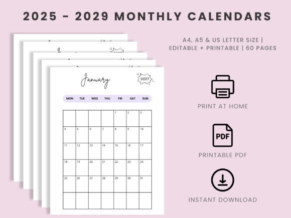 Download Printable 2025 - 2029 Monthly Calendars - 2025 Collection