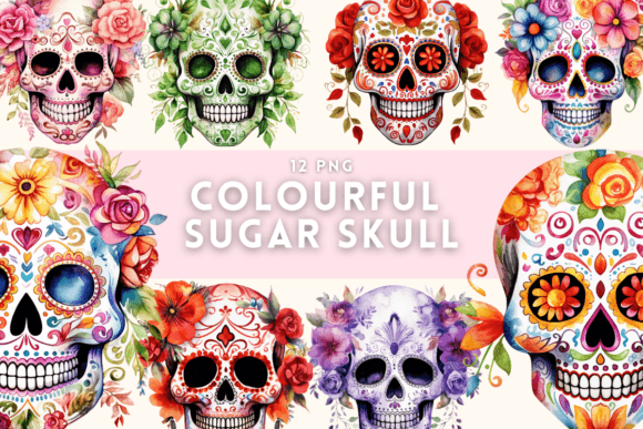 Download Watercolor Colourful Sugar Skull - Colourful Collection